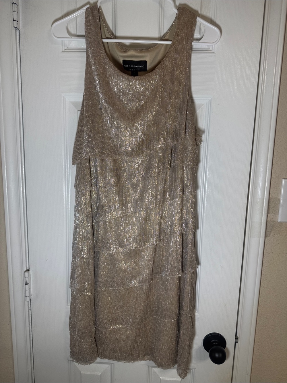 connected apparel Gold Metallic Tiered Midi Dress